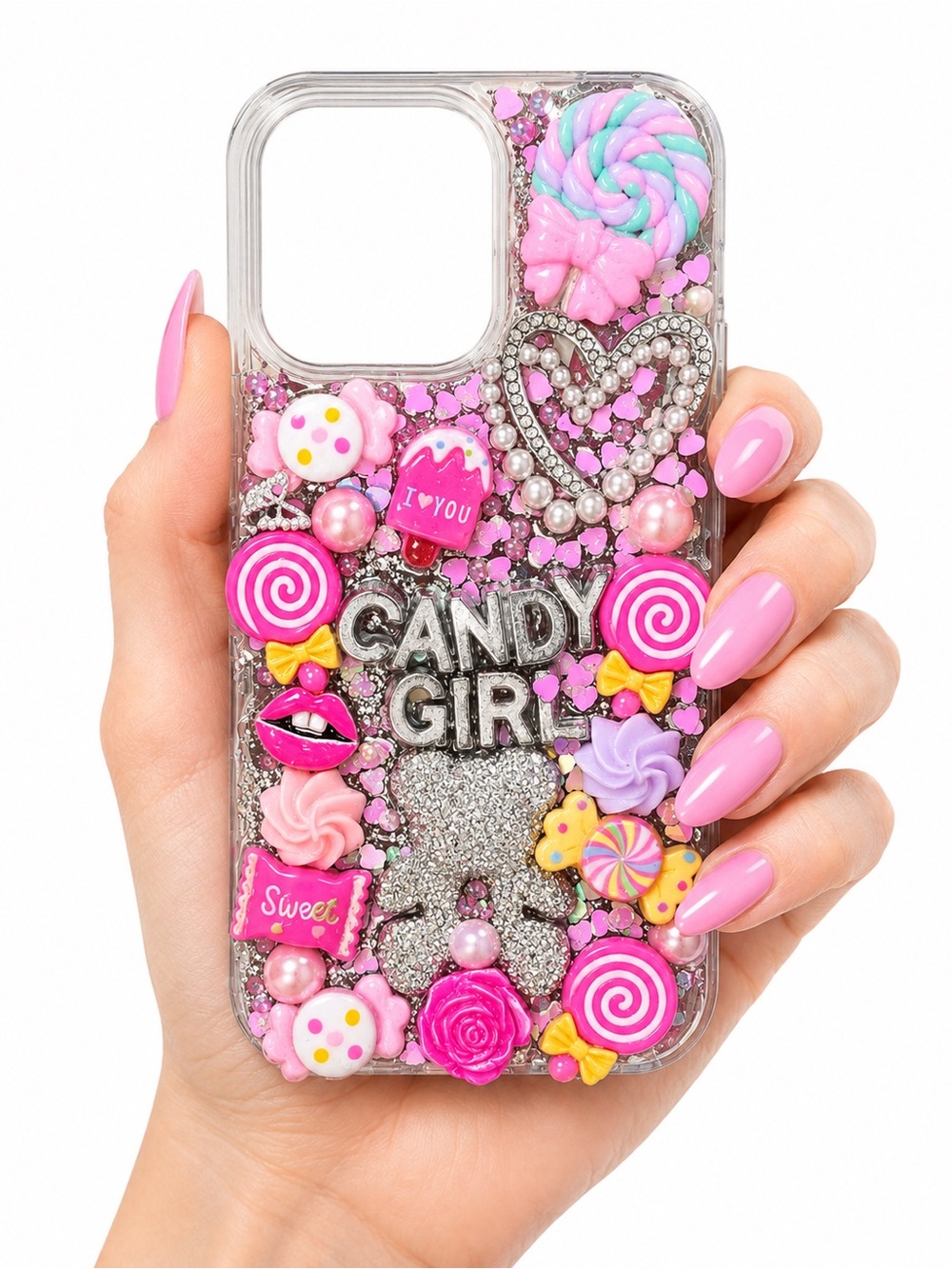 Candy Girl Pink Glitter Bling iPhone 13 Pro Phone Case hand decorated